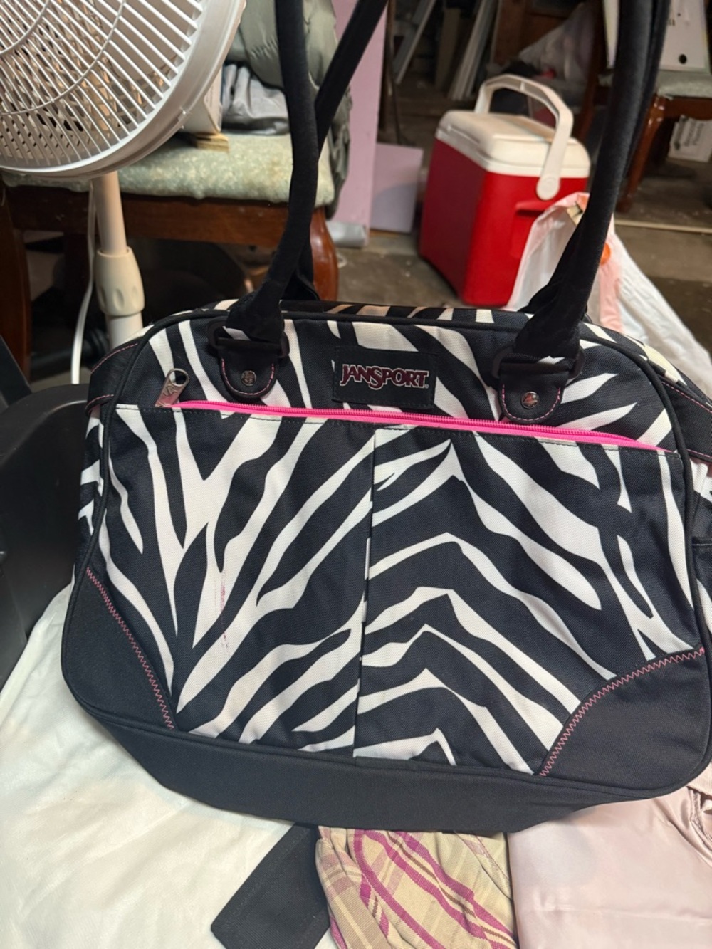 Jansport Black & White Zebra Print Laptop Tote with Pink Trim